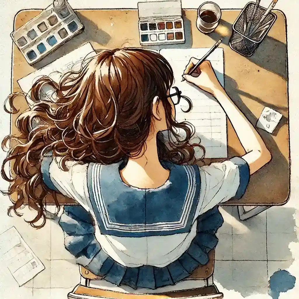 新聞執筆中の中学生女子