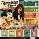 修学旅行新聞の作り方を紹介するインフォグラフィック。丸メガネの女子生徒と、白の半袖ワイシャツ姿の男子生徒たちが新聞を作りながら、事実と感想、見出しや写真、整理の大切さを示している。