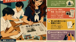 修学旅行新聞の作り方を紹介するインフォグラフィック。丸メガネの女子生徒と、白の半袖ワイシャツ姿の男子生徒たちが新聞を作りながら、事実と感想、見出しや写真、整理の大切さを示している。