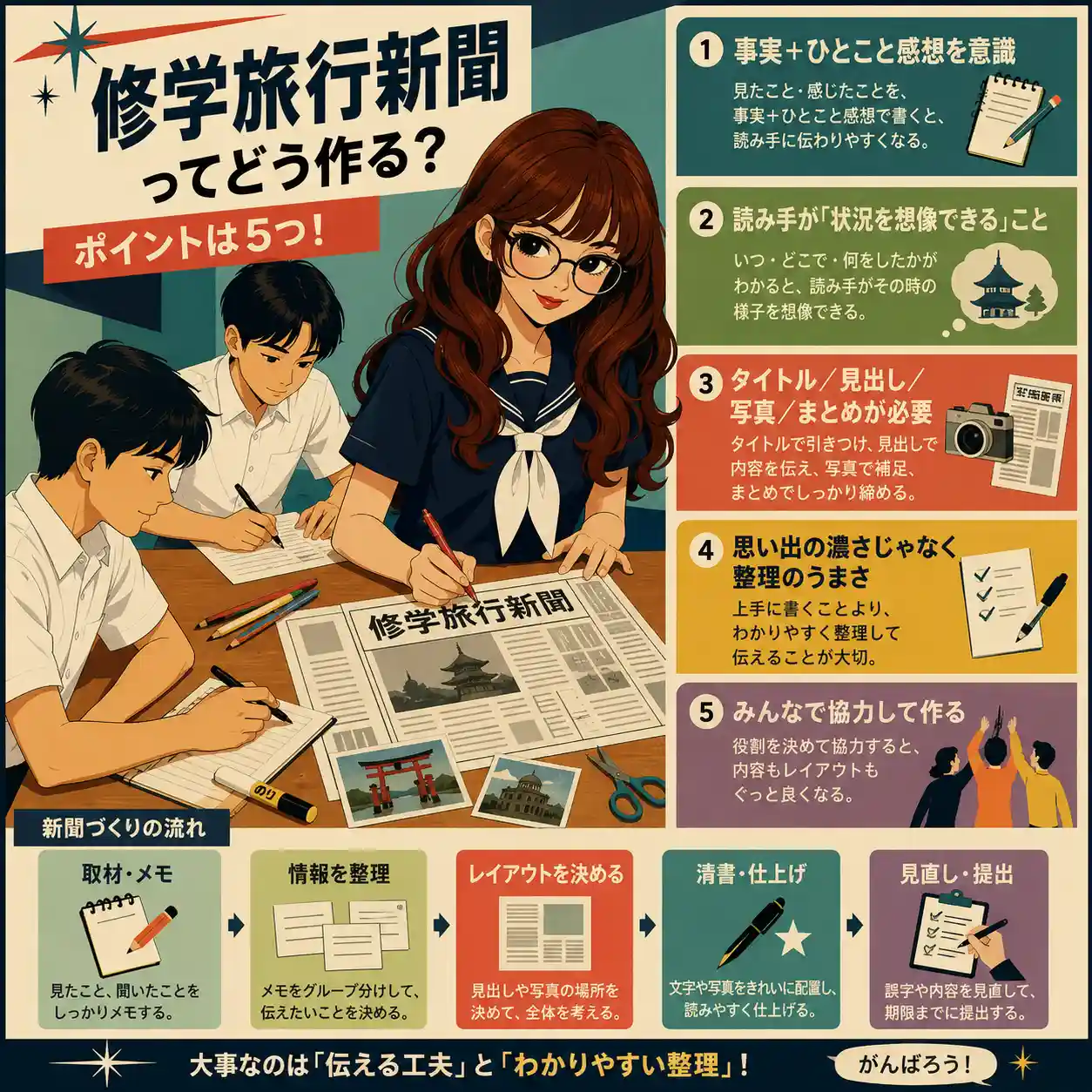 修学旅行新聞の作り方を紹介するインフォグラフィック。丸メガネの女子生徒と、白の半袖ワイシャツ姿の男子生徒たちが新聞を作りながら、事実と感想、見出しや写真、整理の大切さを示している。