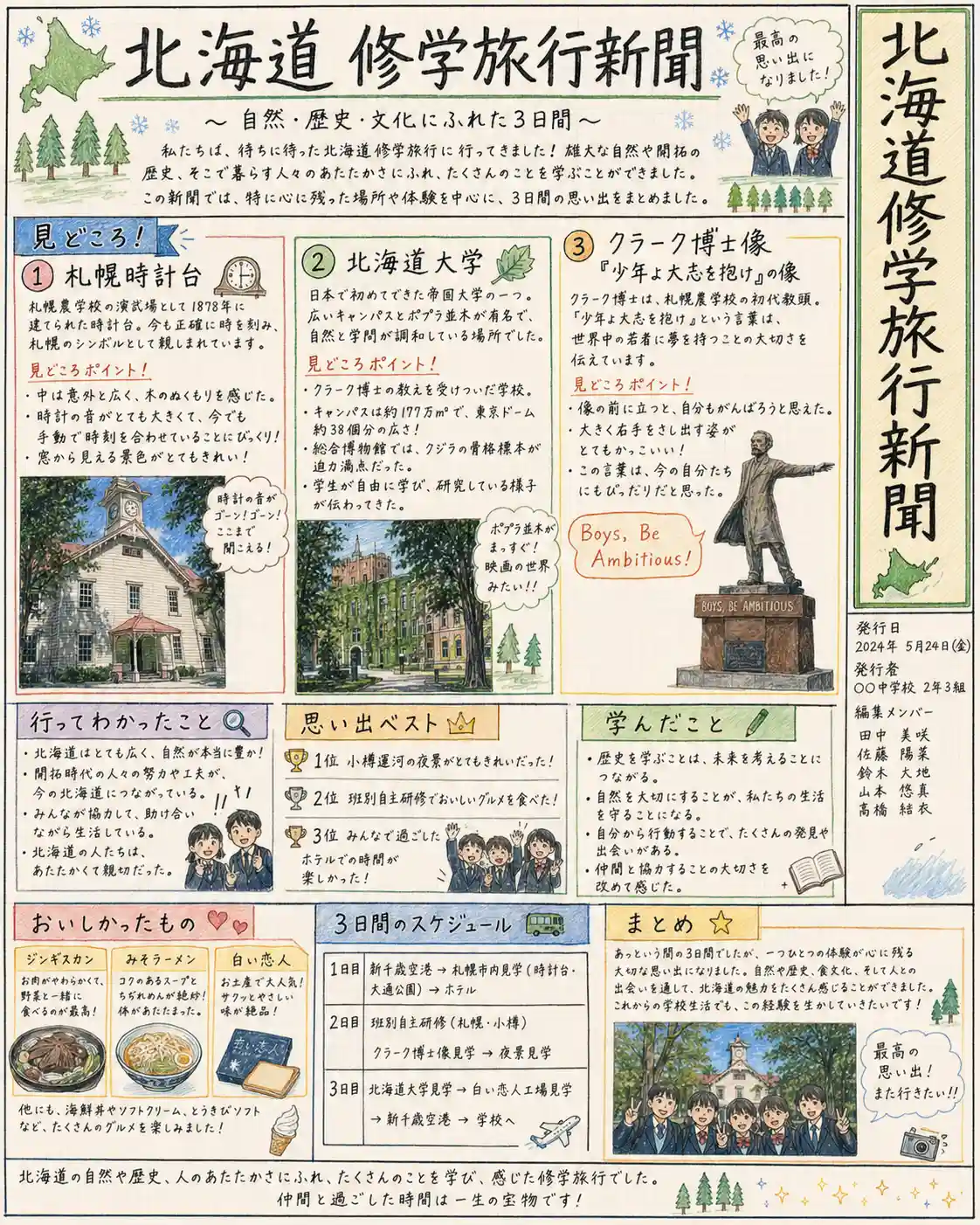 北海道をテーマにした修学旅行新聞の作例。札幌時計台、北海道大学、クラーク博士像、グルメ、3日間のスケジュールをまとめている。