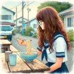 沖縄でソーキそばを食べている中学生女子