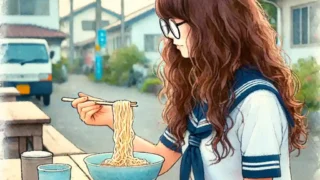 沖縄でソーキそばを食べている中学生女子
