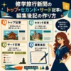 修学旅行新聞の作り方を説明する正方形のインフォグラフィック。濃紺の見出しに「修学旅行新聞のトップ・セカンド・サード記事と編集後記の作り方」と大きく書かれている。4つの枠で、トップ記事は一番印象に残った場所、セカンド記事は別の魅力、サード記事は一覧や豆知識、編集後記は旅行と新聞作りの感想を書くことを説明。右側には、丸メガネで長い赤みのある茶髪の女性が濃紺のセーラー服姿で案内している。全体は60年代アメリカアニメ風のフラットなデザイン。