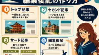 修学旅行新聞の作り方を説明する正方形のインフォグラフィック。濃紺の見出しに「修学旅行新聞のトップ・セカンド・サード記事と編集後記の作り方」と大きく書かれている。4つの枠で、トップ記事は一番印象に残った場所、セカンド記事は別の魅力、サード記事は一覧や豆知識、編集後記は旅行と新聞作りの感想を書くことを説明。右側には、丸メガネで長い赤みのある茶髪の女性が濃紺のセーラー服姿で案内している。全体は60年代アメリカアニメ風のフラットなデザイン。