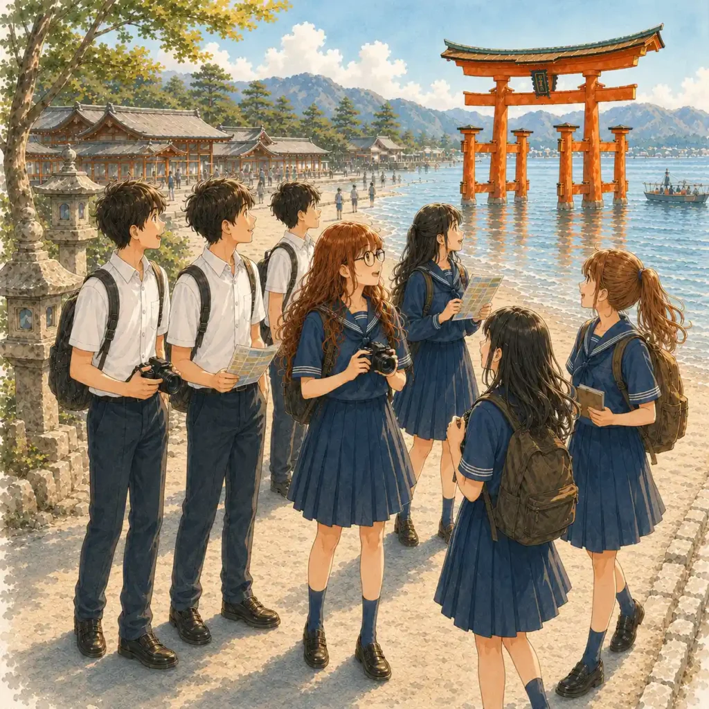 宮島を見学中の生徒たち