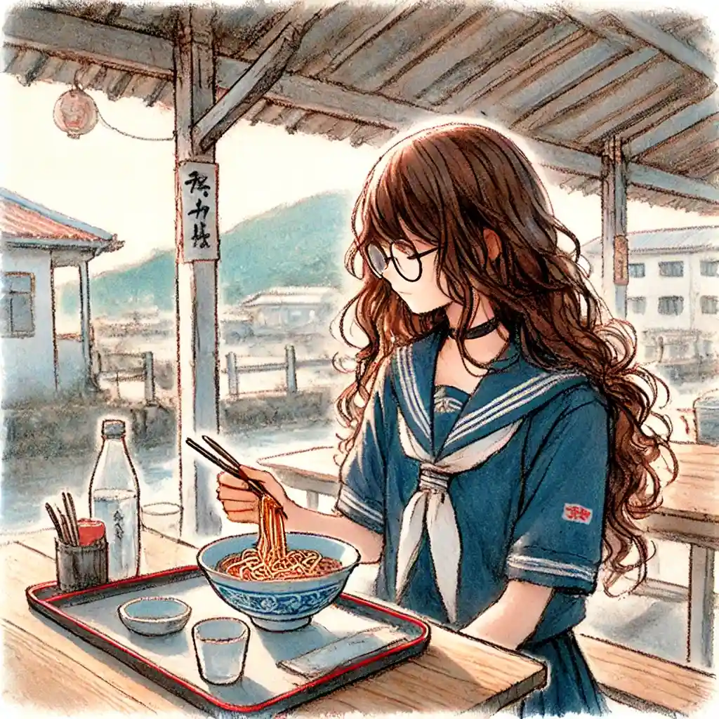 ソーキそばを食べている中学生女子