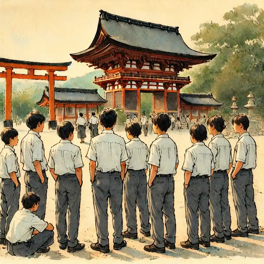 京都の神社を見学する中学生たち