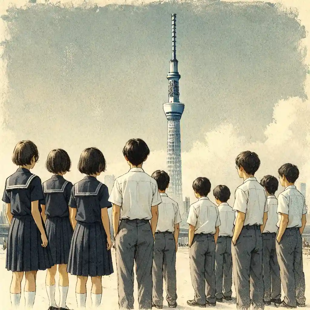 スカイツリーを見学している中学生たち