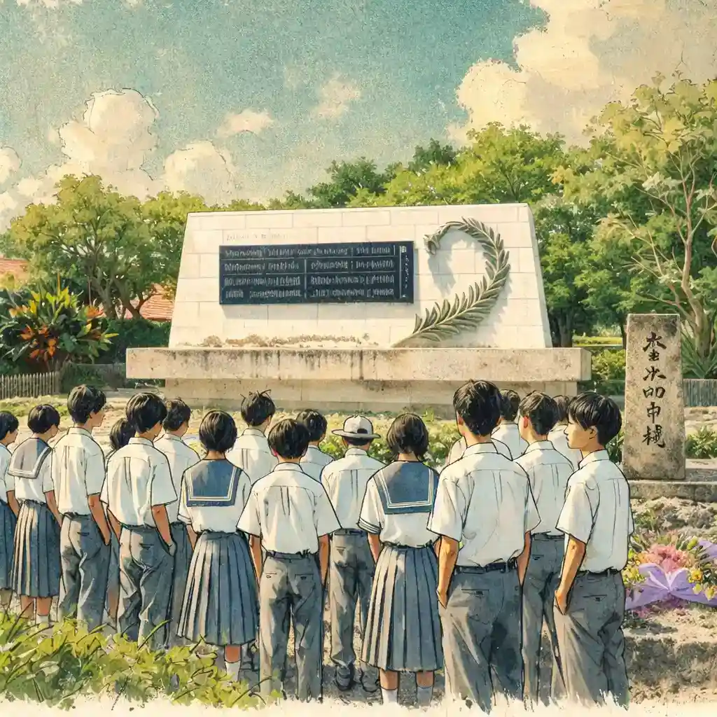 ひめゆりの塔を見学する中学生