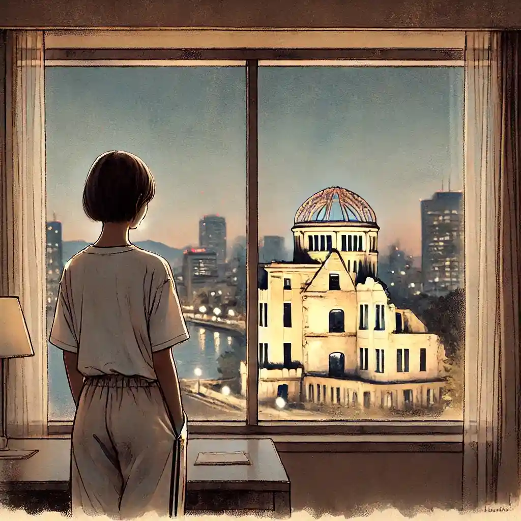 ホテルから原爆ドームを見ている中学生女子