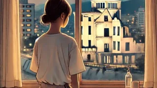 ホテルから原爆ドームを見ている中学生女子