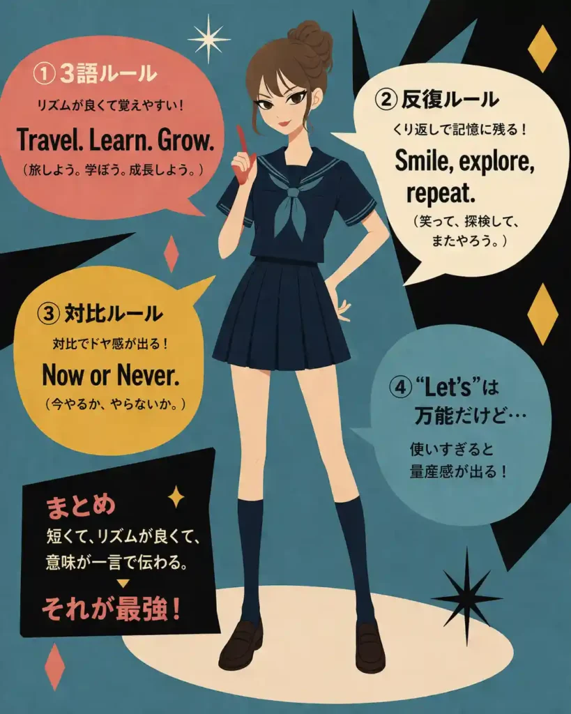 英語スローガンの作り方を説明するインフォグラフィック。セーラー服の女性が指差しし、3語ルール・反復・対比・Let’sの使い方を吹き出しで解説している。