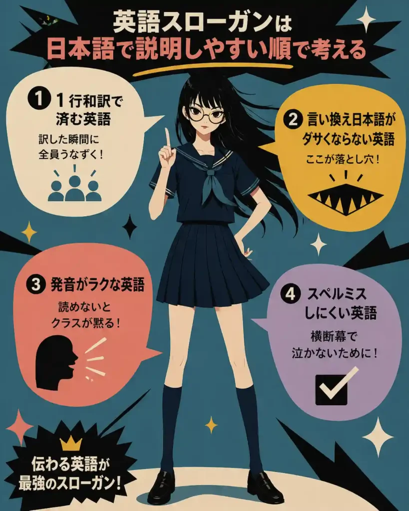 英語スローガンの選び方を解説するインフォグラフィック。黒髪ロングでメガネの女子が指差しし、和訳のしやすさ・言い換え・発音・スペルの4ポイントを吹き出しで説明している。