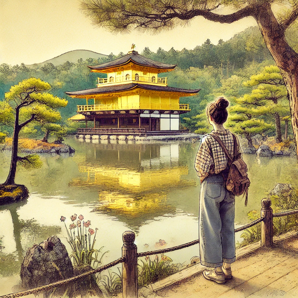 金閣を見学しているアメリカ人女性