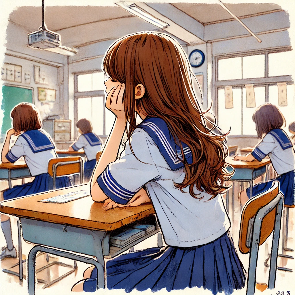 中学生女子　スローガンを考えている