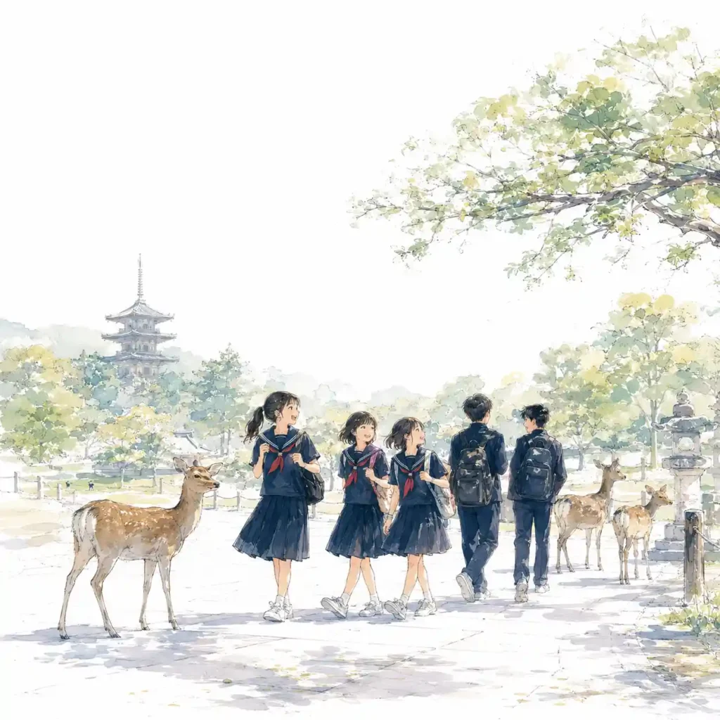 奈良公園に来ている中学生