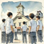 札幌時計台を見学する中学生