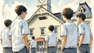 札幌時計台を見学する中学生