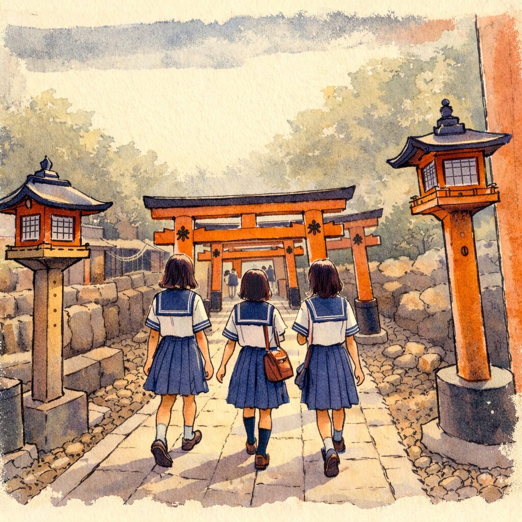 京都　神社見学の中学生女子