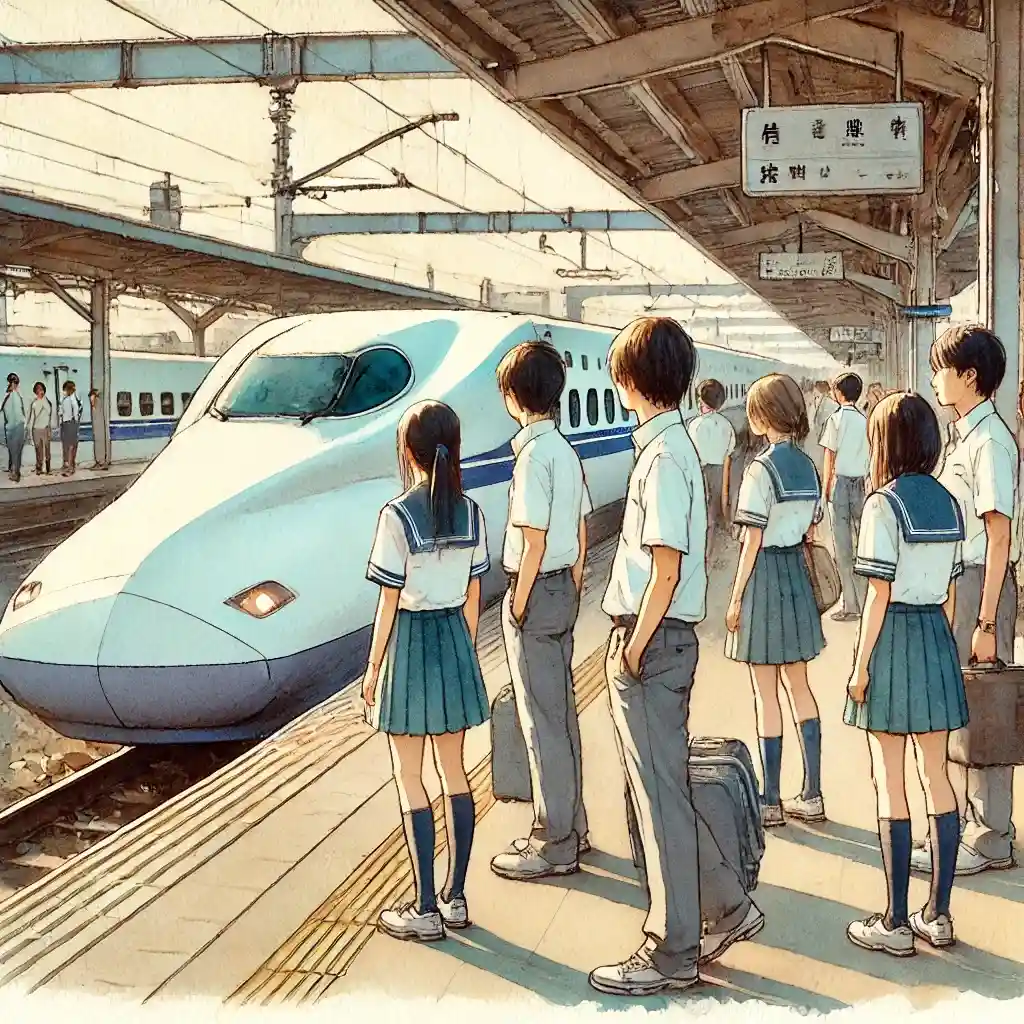 新幹線に乗り込む中学生