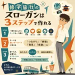 修学旅行のスローガンをテーマ選び・キーワード化・型への当てはめの3ステップで説明するインフォグラフィック