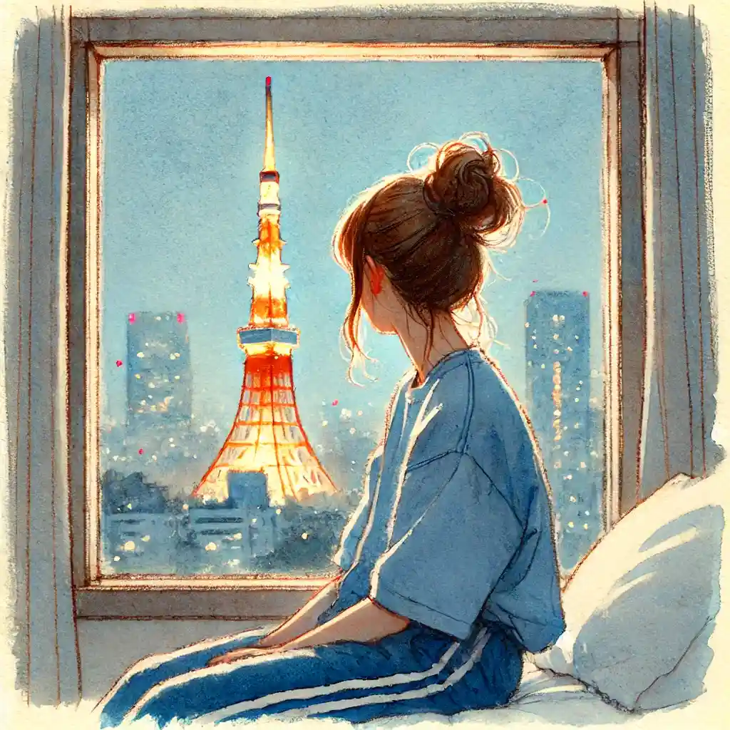 ホテルから東京タワーを見ている女子