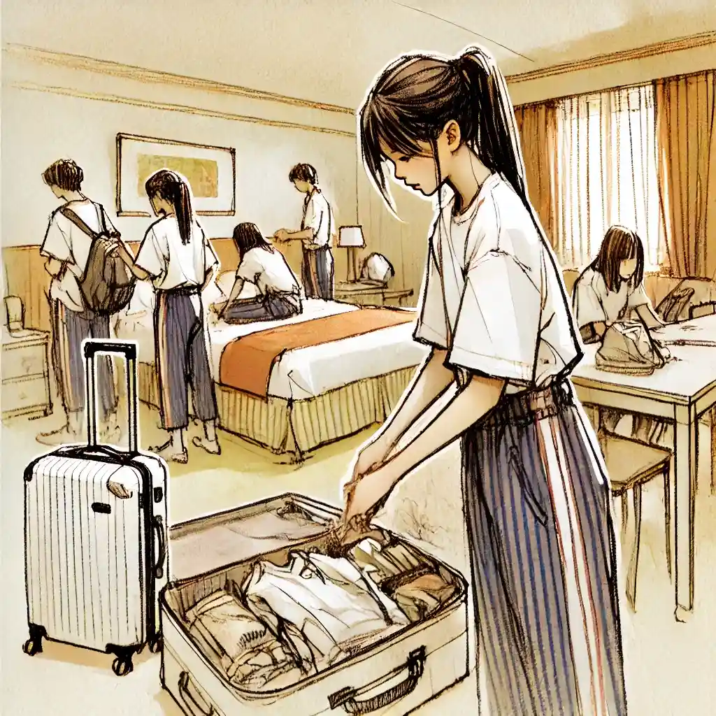 スーツケースの中身を確認している女子