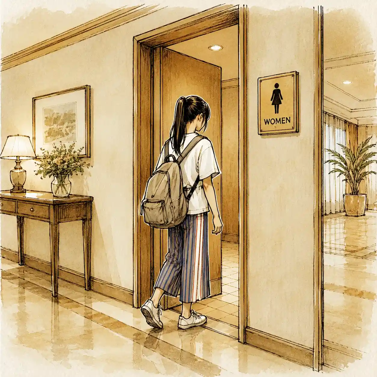 ホテルのトイレに入る女子