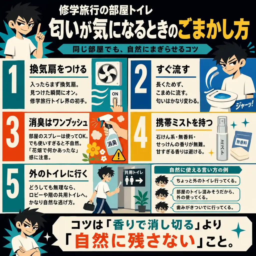 修学旅行の部屋トイレで匂いが気になるときの対策を、中学生男子向けにまとめたインフォグラフィック。