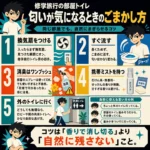 修学旅行の部屋トイレで匂いが気になるときの対策を、中学生男子向けにまとめたインフォグラフィック。