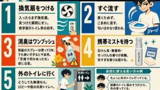 修学旅行の部屋トイレで匂いが気になるときの対策を、中学生男子向けにまとめたインフォグラフィック。