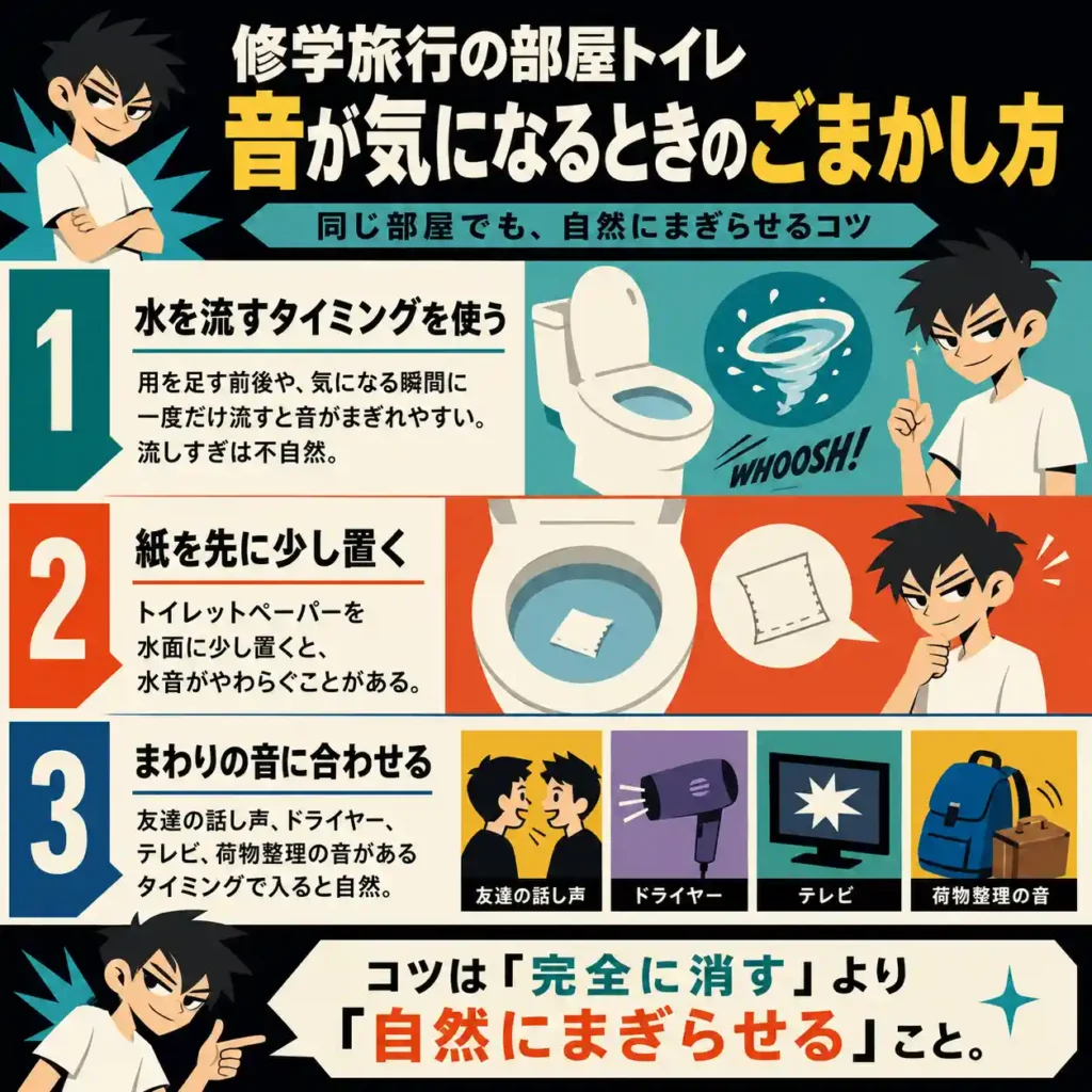 修学旅行の部屋トイレで音が気になるときのごまかし方を、中学生男子向けにまとめたインフォグラフィック。