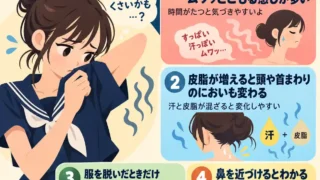 思春期の体臭の特徴を4項目で解説するインフォグラフィック。セーラー服の女子生徒が自分のにおいを気にし、すっぱい汗臭・頭や首のにおい・服に残るにおい・近づくとわかる程度のにおいを図解している。