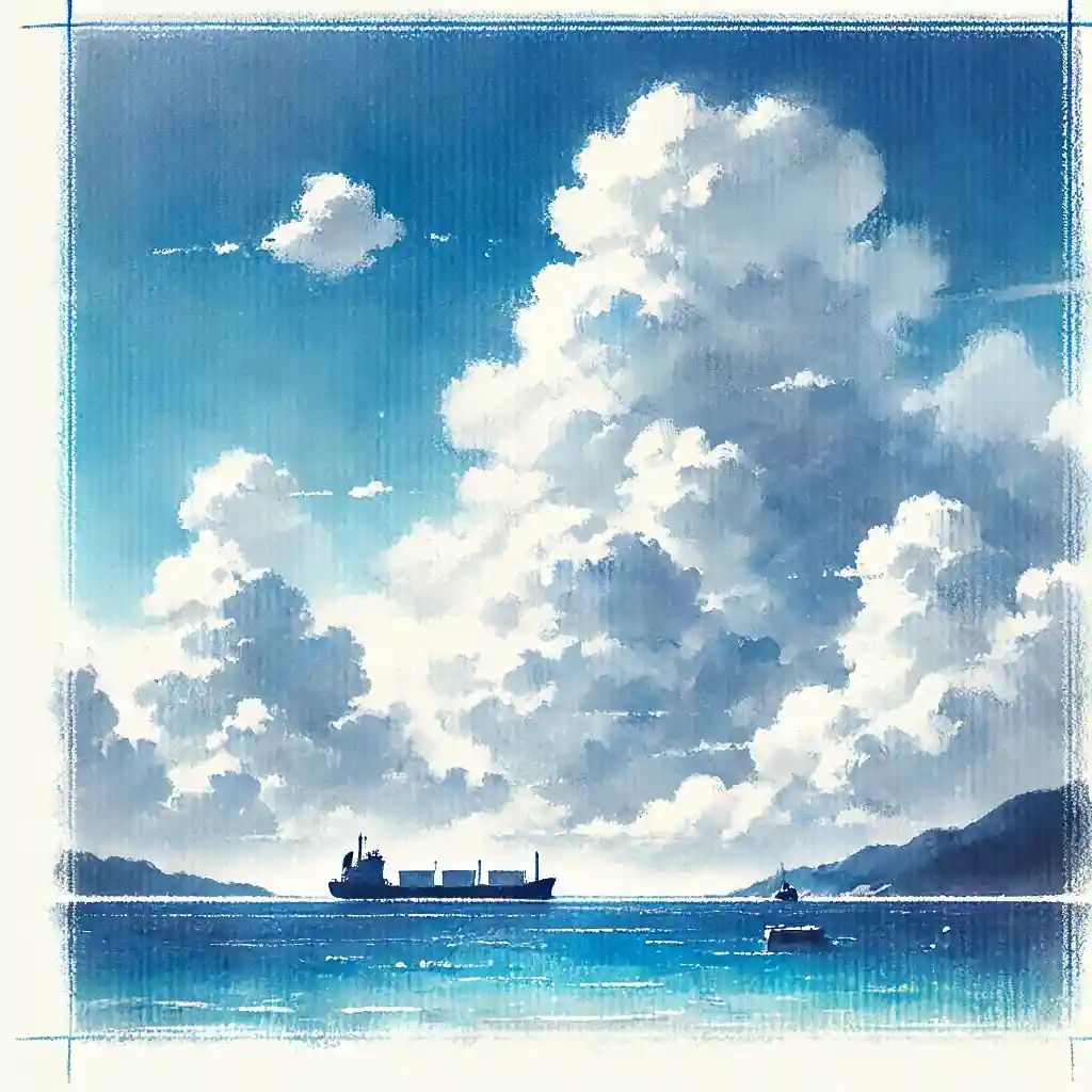 沖に見える貨物船　夏の海