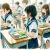給食を食べている中学生たち
