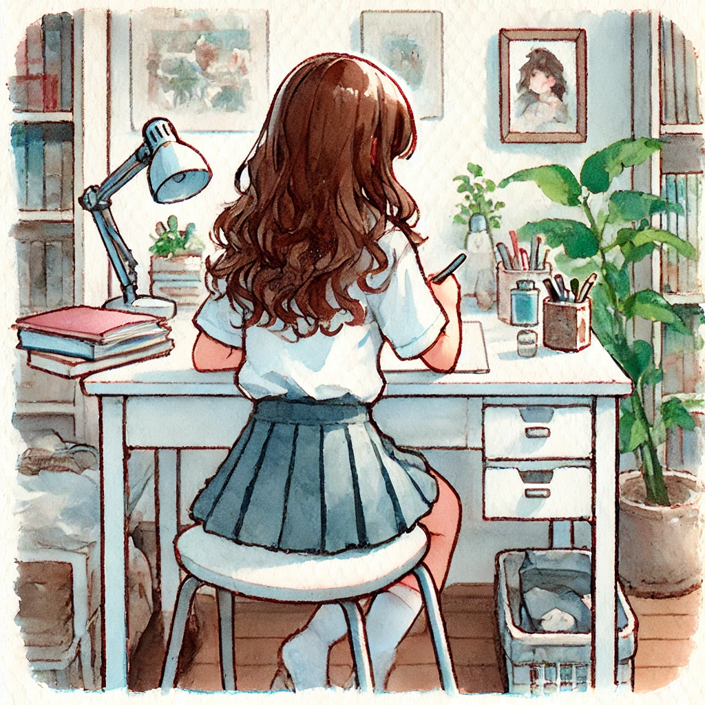 勉強している中学生女子