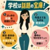 学校で会話のきっかけを作るコツを紹介する、60年代風の正方形インフォグラフィック。中央に黒髪ロングで丸メガネの若い女性が立ち、周囲の4つの吹き出しに「授業」「今見えているもの」「部活・委員会・行事」「趣味の深掘り」を話題にする方法が書かれている。