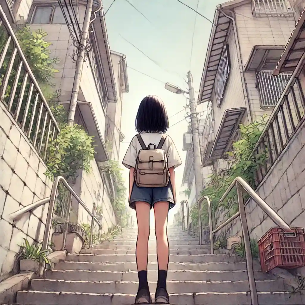 階段で立ち止まってしまう女子