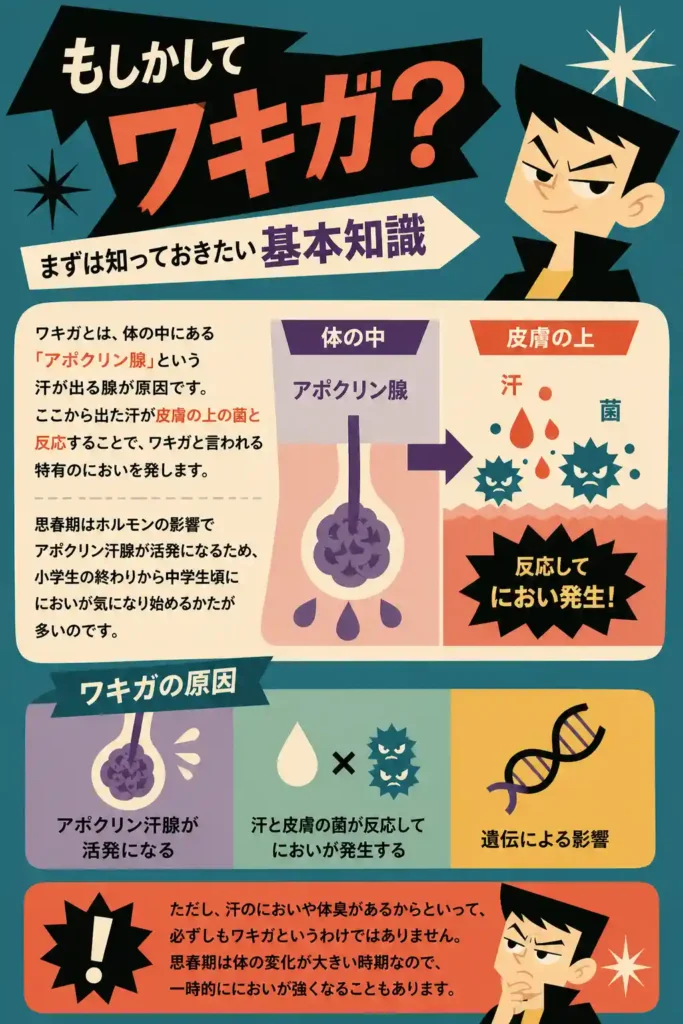 レトロな60年代風デザインの日本語インフォグラフィック。ワキガの仕組みを図解で説明し、アポクリン腺の汗と皮膚の菌が反応してにおいが発生する流れや、思春期や遺伝の影響をわかりやすくまとめている。