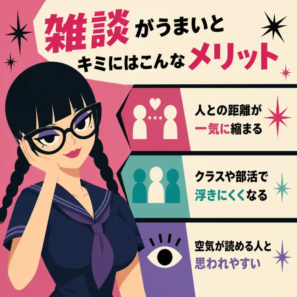 雑談がうまいと得られるメリットを紹介するインフォグラフィック。黒髪の三つ編みで太いメガネをかけた女子生徒が濃紺の半袖セーラー服姿で描かれ、右側に「人との距離が一気に縮まる」「クラスや部活で浮きにくくなる」「空気が読める人と思われやすい」といったポイントが並ぶ。