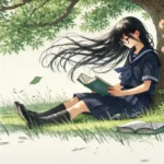 木陰で勉強する女子