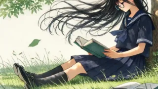 木陰で勉強する女子