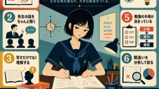 勉強机で淡々と勉強するセーラー服の女子生徒を中心に、勉強できる人の特徴を7項目でまとめたレトロ調インフォグラフィック。ノートは要点だけ書く、先生の話を聞く、理解する、すぐ解決する、手順を決める、間違いを分析する、意味で覚える、を図解している。