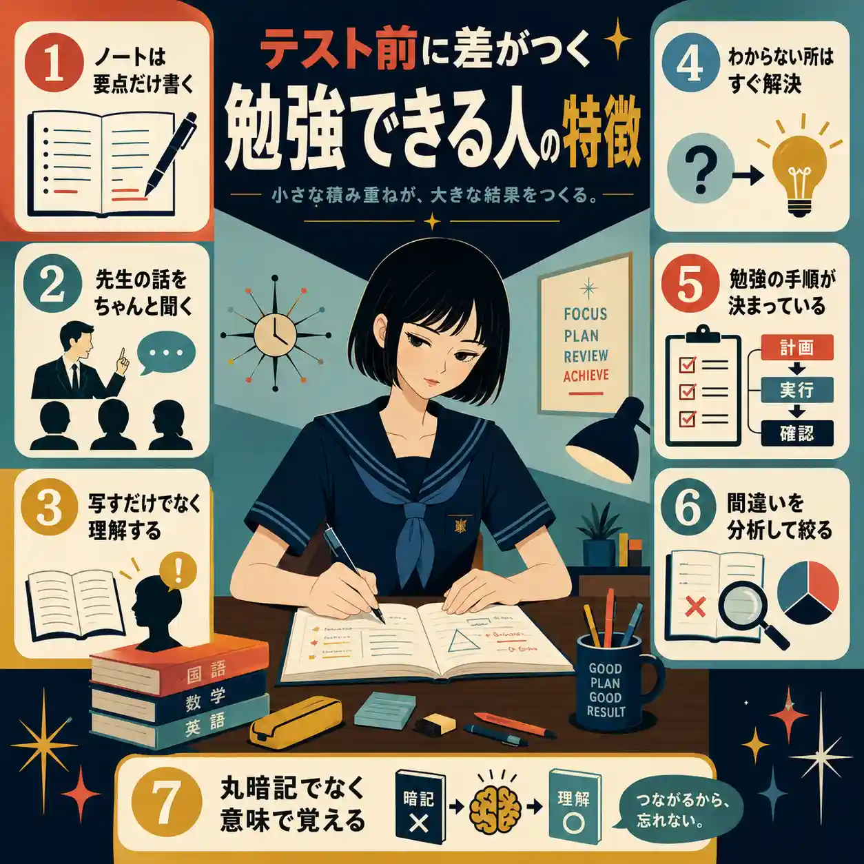 勉強机で淡々と勉強するセーラー服の女子生徒を中心に、勉強できる人の特徴を7項目でまとめたレトロ調インフォグラフィック。ノートは要点だけ書く、先生の話を聞く、理解する、すぐ解決する、手順を決める、間違いを分析する、意味で覚える、を図解している。