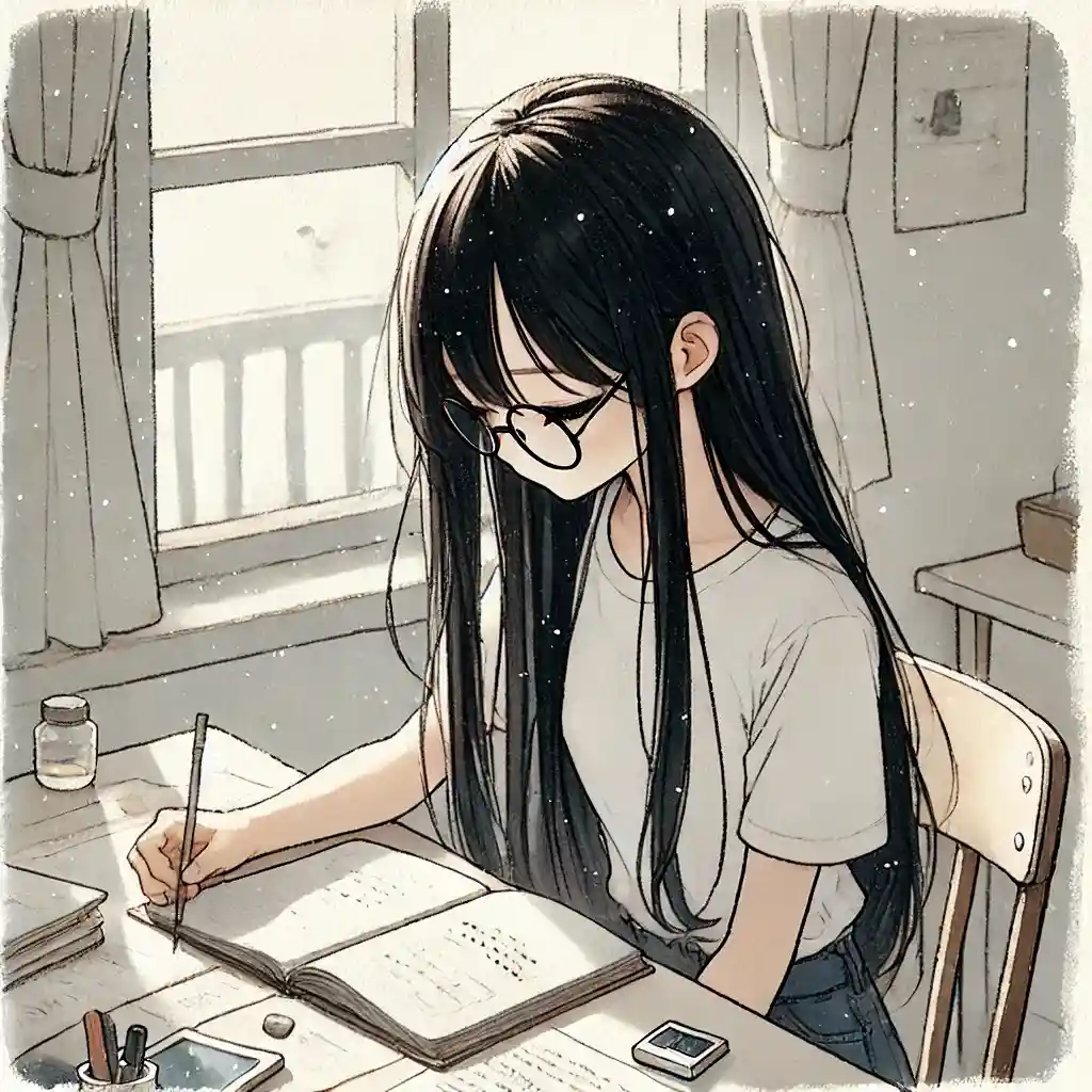 自室で勉強中女子