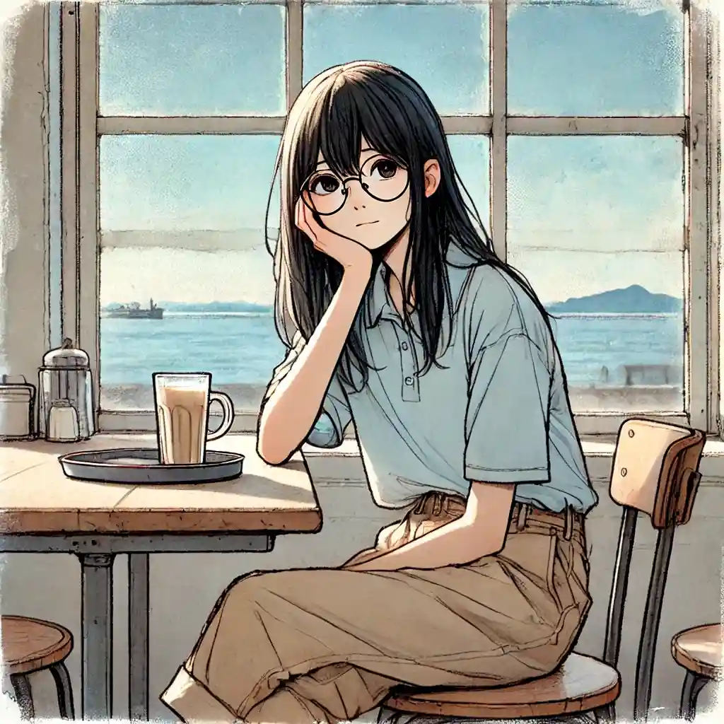 海辺のカフェ　考え事する女子