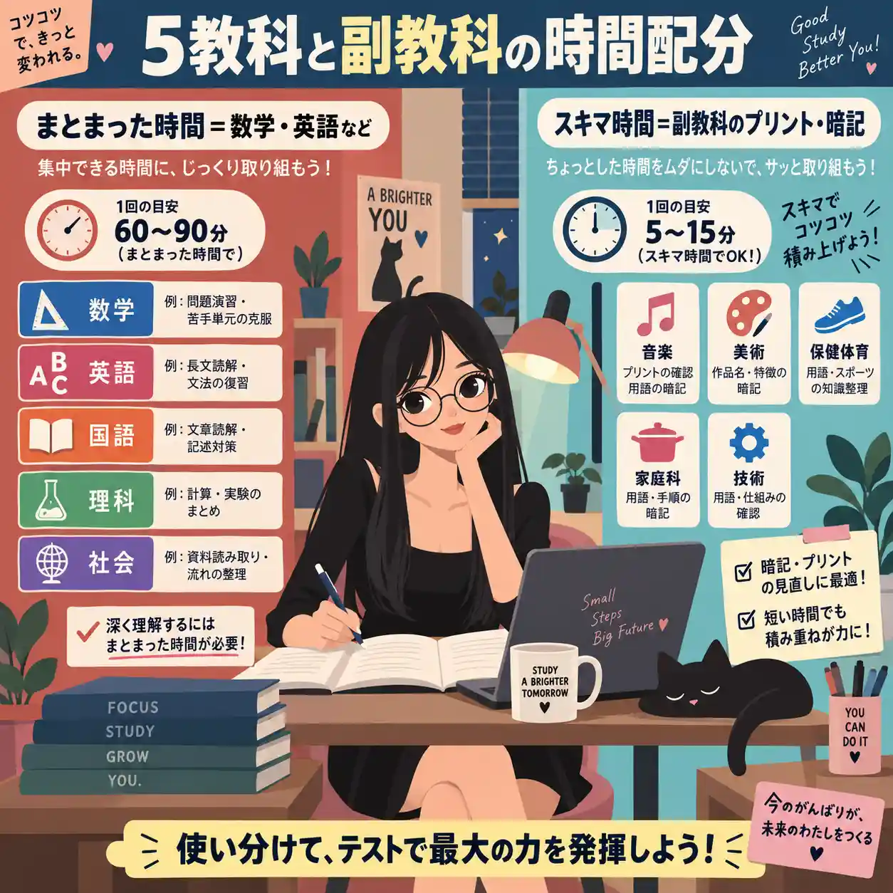 5教科と副教科の時間配分を、まとまった時間学習とスキマ時間学習に分けて比較したインフォグラフィック