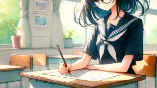 ワークをしている中学生女子
