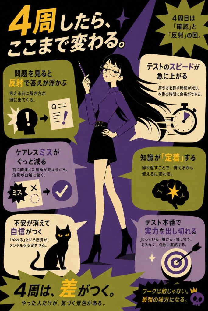 黒髪ロングの眼鏡の女性キャラを中心に、ワーク4周目で起きる変化（反射で解ける、スピード向上、ケアレスミス減少、知識定着、自信アップ）を吹き出しで示したレトロ調フラットデザインのインフォグラフィック